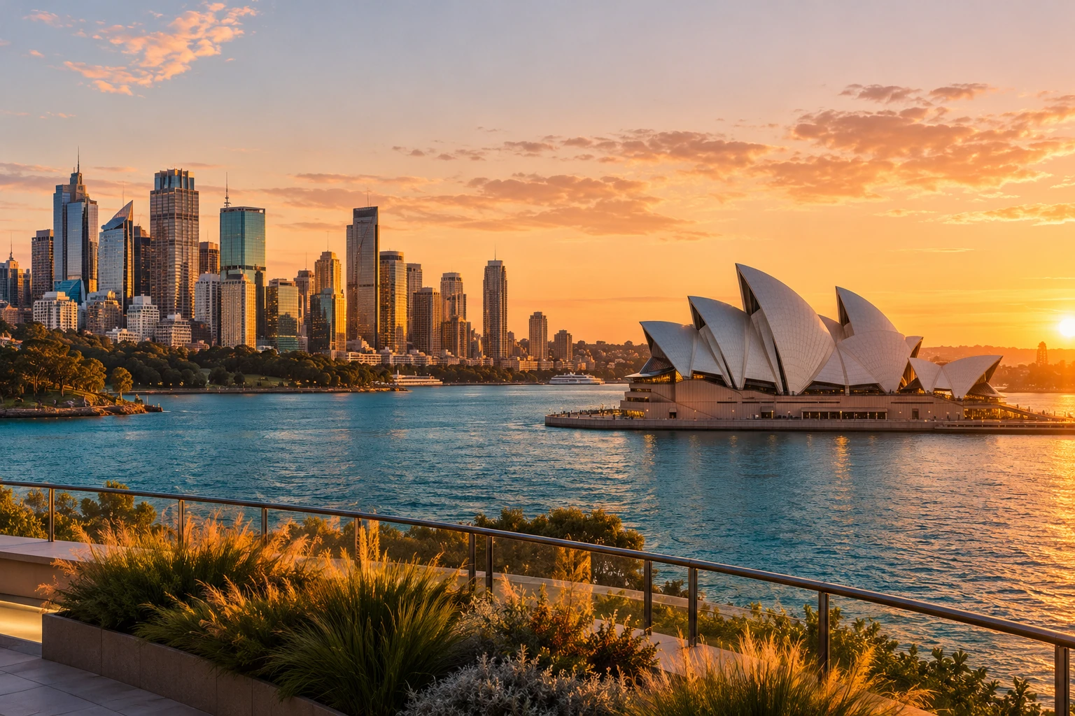 Sydney Opera House and harbour in the soft light of golden hour