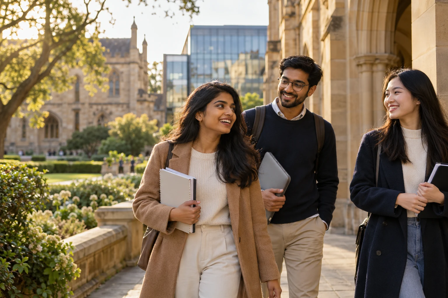 Students talking together on a sunlit university campus